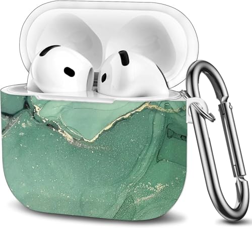 Case Compatible with AirPod 4th Generation 2024,Shockproof Protective Case Cover with Keychain for Women Men,Wireless Accessorie Charging Cases for Airpod 4th - Green Marble