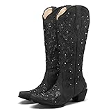 SaraIris Cowboy Boots for Women Cowgirl Western Boots Chunky Heel Pointed Toe Pull On Rhinestones Embroidered Knee High Mid Calf Boots