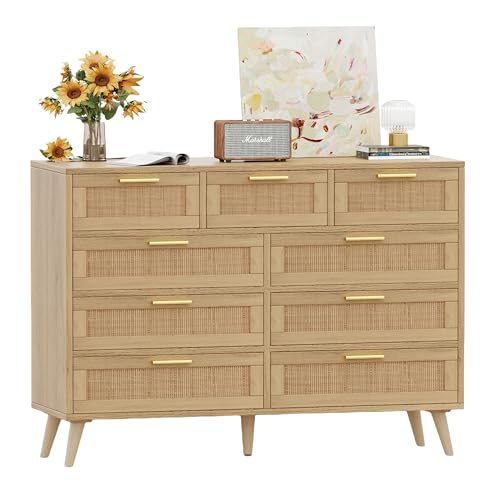 Rovaurx 9 Drawers Dresser for Bedroom, Boho Chest of Drawers with Metal Handles, Wooden Storage Organizer with Rattan Drawers for Closet, Living Room, Hallway, Natural RDG009M