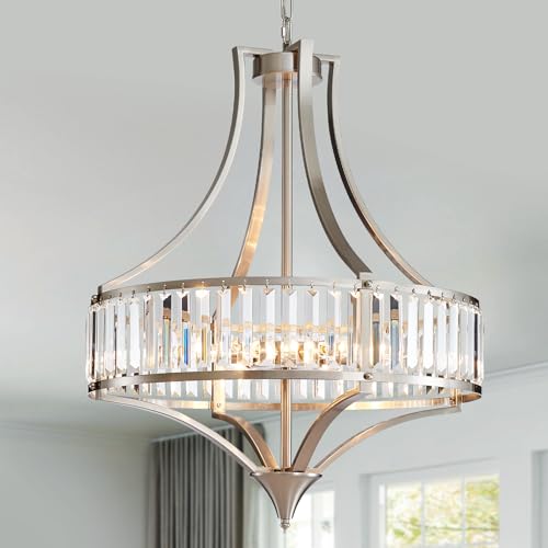 Majhoiw Brushed Nickel Chandeliers for Dining Room, Rustic Farmhouse Crystal Chandelier with Round Metal Shade, Modern 6-Light Large Light Fixture for Hallway, Bedroom, Foyer