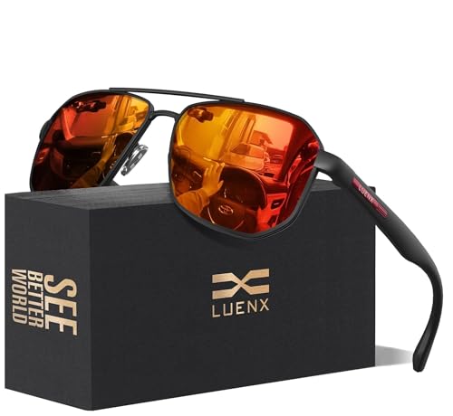 LUENX Aviator Sunglasses for Men Driving Square Polarized Polygon Mirror Orange Red Lens - UV 400 Protection
