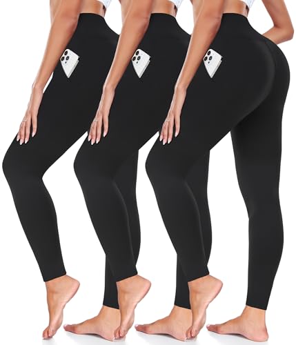 FULLSOFT 3 Pack Leggings for Women with Pockets Non See Through-Workout High Waisted Tummy Comtrol Black Lightweight Yoga Pants for Gym Hiking Running Dance (Black (Two Pockets), S-M)