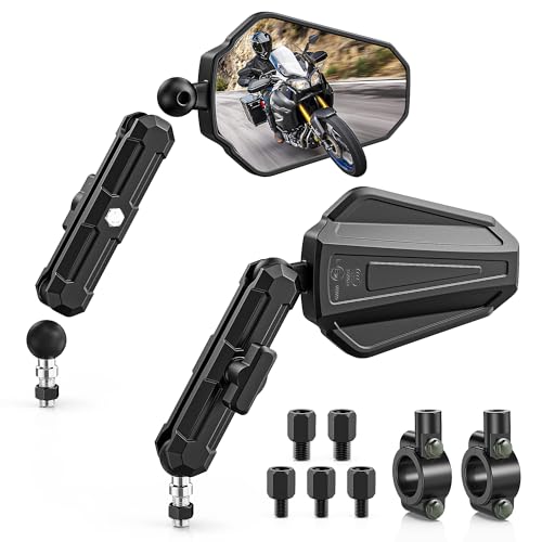 BUMBEE Upgraded Adventure Motorcycle Mirrors 360 Degrees Adjustable, Foldable Convex Side Rearview Mirrors No Vibration & Wobble With M8 M10 Screws and 7/8" Handlebar Mount for ATV Scooter Dirt Bike