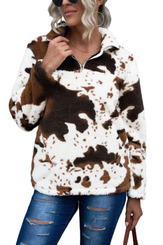 EARKOHA Womens Plus Size Long Sleeve Casual Zip Collar Cow Print Fleece Jacket Tops Brown L