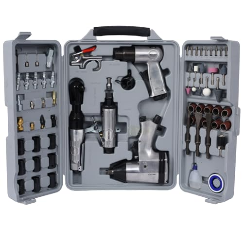 Aiyyds Air Tool and Accessories Kit, 71 Piece, Impact Wrench, Air Ratchet, Die Grinder, Aire Hammer, Hose Fittings, Storage Case, Silver
