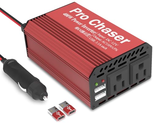 Pro Chaser 400W Car Power Inverter 12V DC to 110V AC Car Truck RV Inverter 6.2A Dual USB Charging Ports for Road Trips (Type C Adaptors Included) (Red)