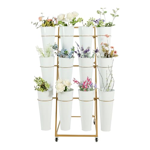 Ruifabo Flower Cart with 12 Metal Buckets, 3 Layers Flower Bar Stand with 360° Swivel Wheels and Brake, Flower Display stand with Iron Buckets, Durable than Plastic Buckets, Flower Holder for Florist or Wedding