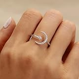 SUYACS 925 Sterling Silver Star and Moon Rings for Women 14K Gold Plated Adjustable Open Moon CZ Statement Ring Crescent Finger Ring Jewelry Birthday Engagement Gifts to Daughter (Silver)