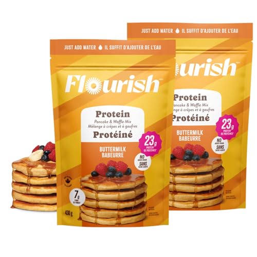 Flourish Protein Pancake & Waffle Mix, with Whey Protein & Flax Seed, No Added Sugar, High in Protein & Fiber - Just Add Water - Buttermilk Flavour, 430g (2 Pack) - Made in Canada