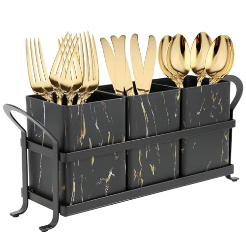 NelyBet Kitchen Utensil holder for Countertop, Silverware Caddy,Golden Marble Black Flatware Holder Utensil Cutlery Organizer for Party Gatherings, Metal and Durable Design