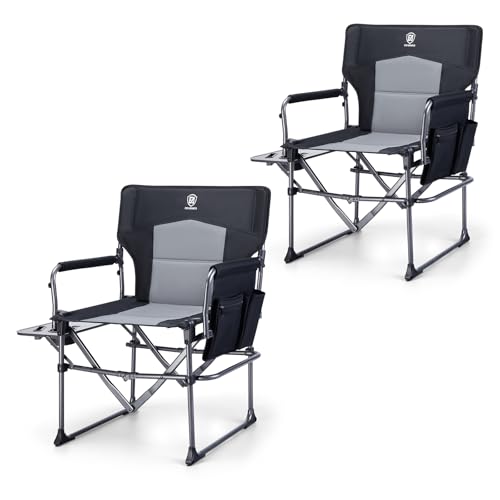 EVER ADVANCED Camping Directors' Chair with Side Table, Portable Folding with Compact Size, Heavy Duty Lawn Chair with Pocket for Camping, Lawn, Sports and Fishing, 400lbs, Black 2 Pack