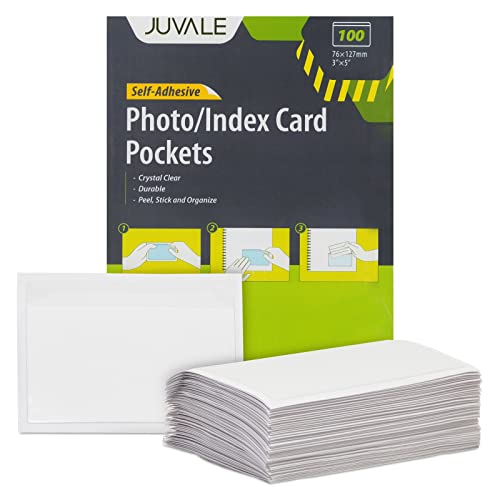 100 Pack Clear Self-Adhesive Pocket Label Holders for Index Cards 3x5, Bulk Top Load Plastic Sleeves for Storage - Clear Pocket Sleeves