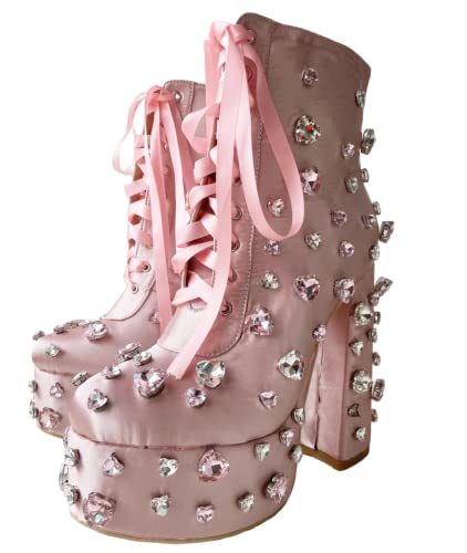 Frankie Hsu Luxury Chunky Platform High Heeled Bootie, Cute Pink Satin Gem Crystal Rhinestone Loli Goth Fashion Ankle Boot, Big Size Designer Ribbon Short Shoes For Women Men