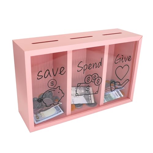 Mczxon Wooden Give Save Spend Money Saving Box for Kids, Money Coin Savings Piggy Bank Jar Box for Kid Safe Money Saver, Teach Children About Giving Saving Giving Money Piggy Box for Boys Girls, Pink