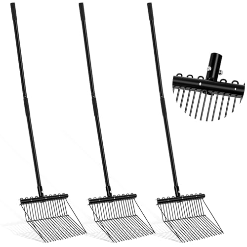 Lasnten 3 Sets Metal Manure Fork with Long Metal Handle Pitch Fork Manure Rake Black Heavy Duty Muck Rake for Gardening Horse Stall Stable Grass Hay Cleaning Farm Work
