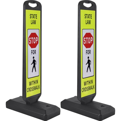 OranLite 2 Pack 43" x 9.6" inch Double Sided Pedestrian Crosswalk Sign, 21.8" x 9.6" x 4" Durable HDPE Water Filled Base, Portable High Visibility Reflective Traffic Safety Parking STOP Signs (Yellow Green-2Pack)