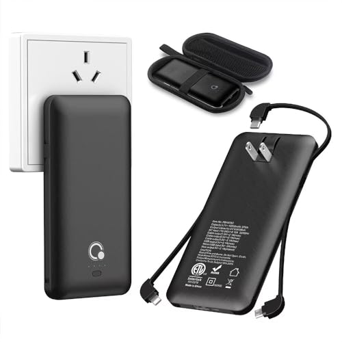 Q 10000mAh Power Bank, Slim Portable Charger,4 Output External Battery Pack with Built-in AC Wall Plug Micro USB C 3 Cables Compatible with iPhone Samsung Android Phone Tablet and More