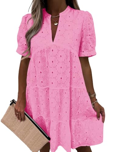 Imily Bela Womens Summer Lace Dresses Eyelet Casual Flowy Babydoll Swing Short Sleeve V Neck Tunic Dress Bright Pink