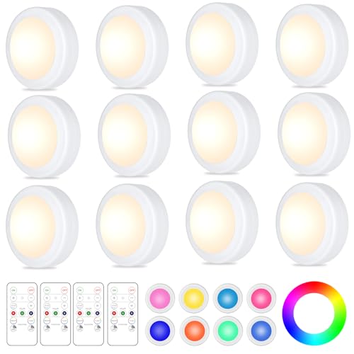 Yiliaw 12 Pack LED Puck Lights Remote Control 16 Color Changeable Under Cabinet Lights, Battery Operated Lights Night Light with Dimmer & Timmer for Closet Bedroom Kitchen, White