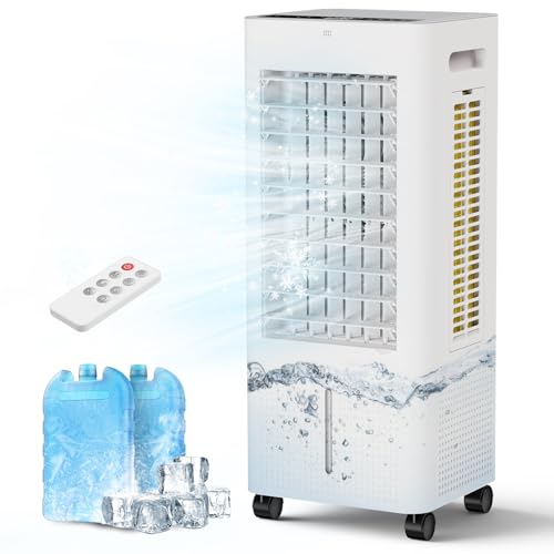 PNTCK Evaporative Air Cooler Portable: Fans That Blow Cold Air for Room, Bedroom, Indoor, Office - Swamp Cooling Fan with 19ft Remote, 12H Timer, 30dB Quiet, 3 Speeds, 2.1Gal Water Tank, Ice Pack