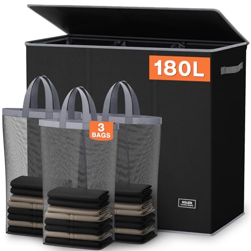SOLEDI 180L Laundry Hamper 3 Section, Extra Large Laundry Hamper with Lid, Dirty Clothes Hamper with Sturdy Handle, Large Laundry Basket Organizer for Laundry Room, Bedroom, Hampers for Laundry