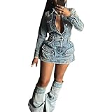 TACSTRUN Women's Sexy Bodycon Denim Dress Long Sleeve Button Down Distressed Washed Jean Dress,Blue,M