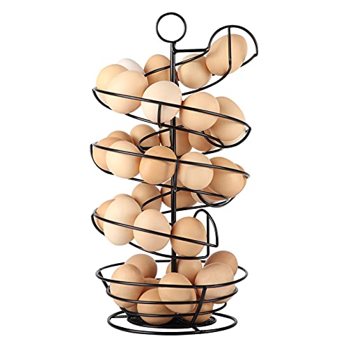 QUTREY Black Metal Egg Skelter with Storage Basket, Spiral Design Egg Holder for Large Egg for Countertop, Kitchen
