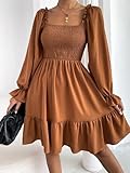 NIYIGEJI Women's Lantern Sleeve Elastic Waist Dress One Shoulder Collar Casual Loose Flowing Shift Dress Brown-L