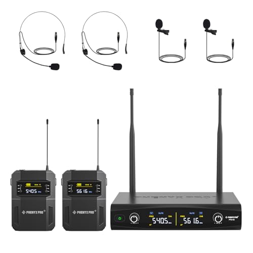 Phenyx Pro UHF Wireless Microphone System w/ 2x30 Tunable Frequencies, Metal Cordless Mic Set, 200 ft Range, 2 Bodypacks & Headsets/Lapel Mics for Speaking, Singing, Church, DJ (PTU-52-2B)
