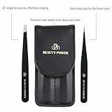 Beauty Power Professional Tweezers Set – Slant & Point, Ultra Precision German Stainless Steel Tweezers for Eyebrows, Chin, Ingrown Hair & Facial Grooming – Lightweight with Travel Case (Matte Black)