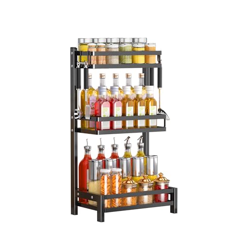 WonCherry Spice Rack Organizer Free Standing, 3 Tier Kitchen Countertop Seasoning Organizer Shelf for Cabinet Spice Storage, Metal Kitchen Bathroom Pantry Counter Storage Shelf with 4 Hooks, Black