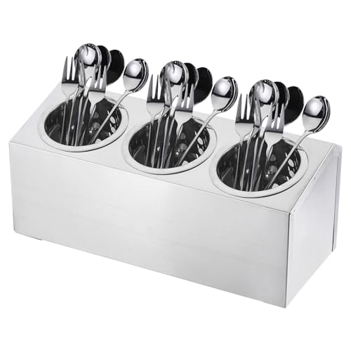uxcell Kitchen Utensil Holder, Stainless Steel Cylinder Flatware Silverware Utensil Holder with 3 Compartments, Caddy Drying Rack Countertop Silverware Organizer for Buffets (3 Holes)