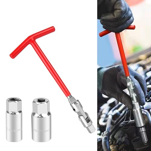ijuicy 3 PCS Car Spark Plug Gap Tool, T-Handle Universal Joint Spark Plug Socket Wrench Set, 16mm (5/8") and 21mm (13/16") Spark Plug Removal Tool (Red)
