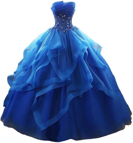 Quinceanera Dresses Royal Blue Ball Gowns for Women 2023 Poofy Tulle Pleated Lace Beaded Formal Party Dress