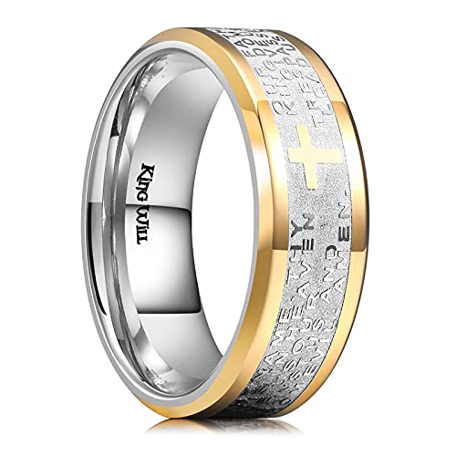 King Will 8mm Lord's Prayer Cross Ring Stainless Steel Ring Gold Silver Wedding Band Bible Engraved Rings High Polished