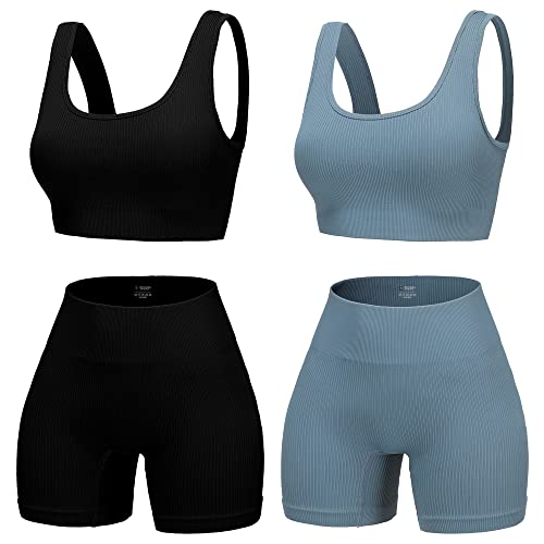 YWBIN 4 Piece Workout Sets for Women Seamless Ribbed High Waist Yoga shorts with Sports Bra Outfits