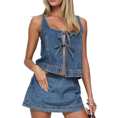 Molilove Jean Vest Set Women Sleeveless Summer Tie-up Tank Top Skirts Denim 2 Piece Shorts Set Lounge Skort Set Y2K Tracksuit
