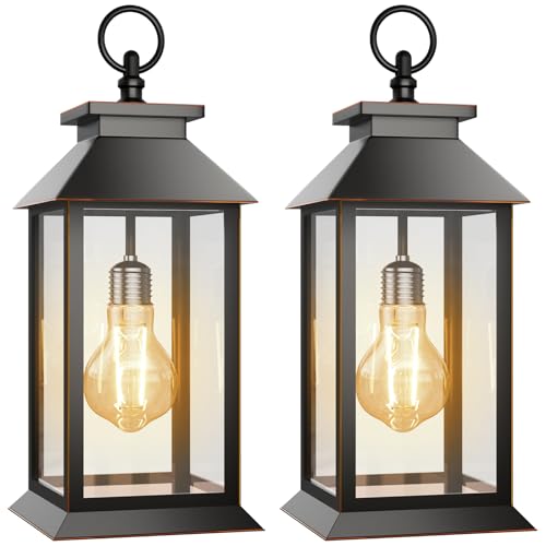 AYTPU 2 Pack Hanging Solar Lanterns Glass Solar Lights Outdoor Waterproof Upgraded Solar and 2 AA Batteries Powered, for Outside Porch, Patio and Indoor Tables, Mantelpiece