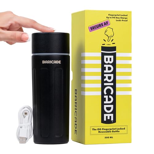 Baricade Original Fingerprint Lock Water Bottle – Easy Grip 500ml Stainless Steel, Leak-Proof, Tamper-Proof, Hot or Cold for Up to 12 Hours – Carbon Black – Gym, Travel, Safety