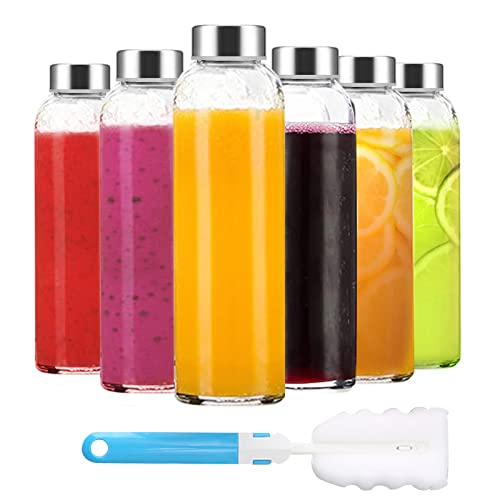 Luxfuel Clear Glass Bottles with Lids 18 oz, Reusable Glass Water Bottles with Stainless Steel Cap for Juicing,Refrigerator,100% Leak Proof, BPA Free, Glass Juice Bottles Set of 6