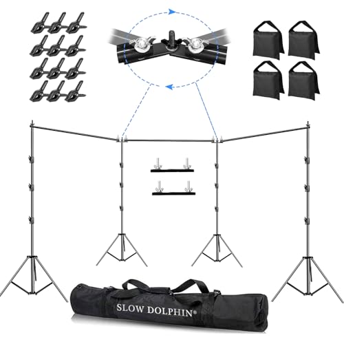 SLOW DOLPHIN Photo Video Studio 30ft (Wide) x 10ft (Tall), Degree Crossbar Rotatable, Angle Adjustable Triple Crossbar Extender Mount, Photography Background Support System, Sand Bags,Clamps