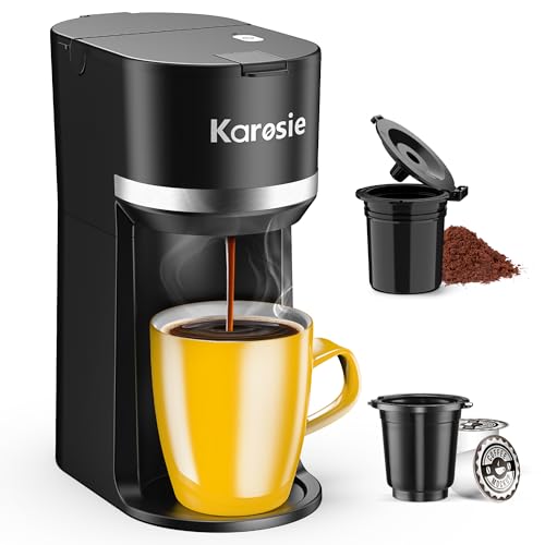 Karosie Single Serve Coffee Maker for K-Cup and Ground Coffee, Fast Brew, 6-12 oz Brew Sizes One Cup Coffee Machine Fits 5.5" Mugs, One-Button Small Coffee Maker with Descaling Reminder,Black