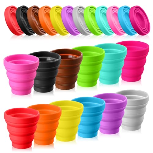 Umigy 24 Pcs Silicone Collapsible Cup Without Lids Travel Portable Foldable Cup Colorful Reusable Collapsible Shot Cup Expandable Drinking Cup for Kids Traveling Outdoor Hiking, 12 Colors