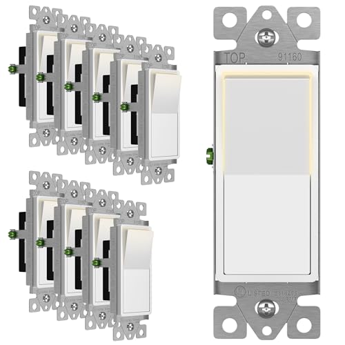 ENERLITES Illuminated Decorator Paddle Light Switch, Single Pole, Push-in and Side Wiring, Copper Wire Only, Grounding Screw, Residential Grade, 15A 120-277V, UL-Listed, 91160-W-10PCS, White 10 Pack