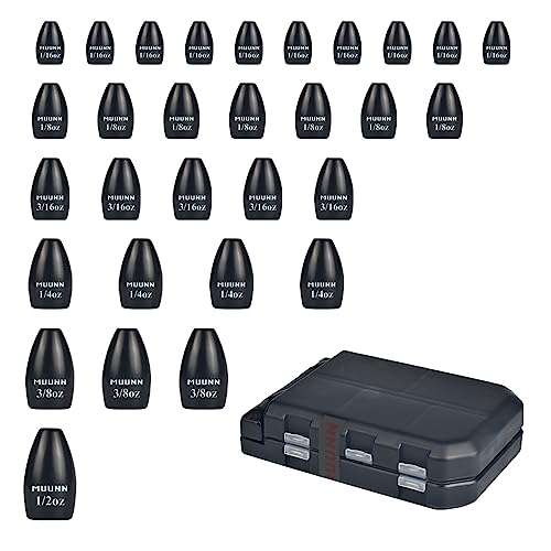 MUUNN 30Pcs Tungsten Fishing Weights Sinkers Kit, Tungsten Worm Weights Set Assortment Size with Fishing Tackle Box for Bass Fishing