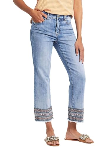 Flamingals Straight Leg Jeans for Women Low Rise Cropped Jeans Wash Embroidery Raw Hem Denim Pants Light Blue M