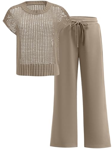 ANRABESS Women Two Piece Outfits Crochet Sheer Knit Sweater Top Wide Leg Pants Lounge Matching Sets Sweatsuit Travel Clothes Light Brown Large