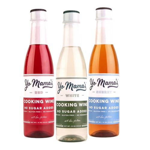 Yo Mama's Foods Premium Cooking Wines Variety Pack | (3) 13 Ounce Bottles | White (1), Sherry (1) and Red (1) No Sugar Added, Gluten Free, No preservatives, Use for Cooking, Marinades, & Dressings