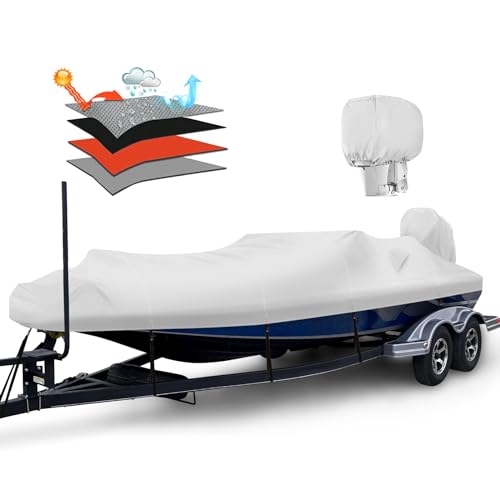 Solim Waterproof 1200D PU Boat Cover with Motor Cover, 20-22' Marine Grade Heavy Duty Trailerable Anti-UV Polyester Canvas, Fits 20-22ft Bass Boat, V-Hull, Runabout, Fishing Boat, Ski boat with Straps