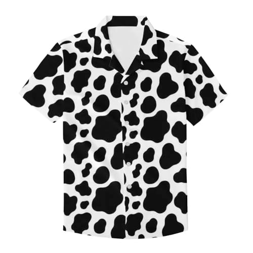 Black White Cow Print Unique Printed Funky Hawaiian Shirt Men Short Sleeve Shirt Top Blouse for Summer Beach Travel Vacation